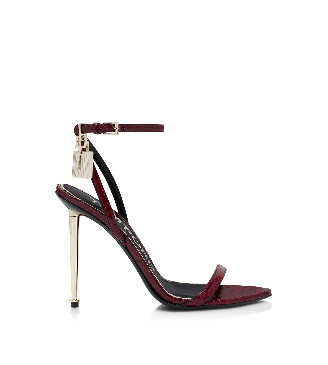 SEMI SHINY PRINTED PYTHON PADLOCK POINTY NAKED SANDAL image number 0