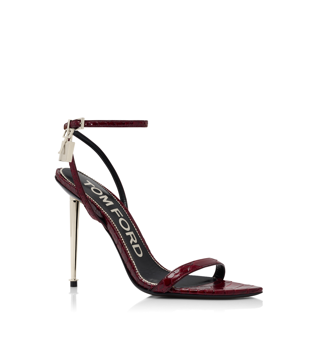 SEMI SHINY PRINTED PYTHON PADLOCK POINTY NAKED SANDAL image number 1