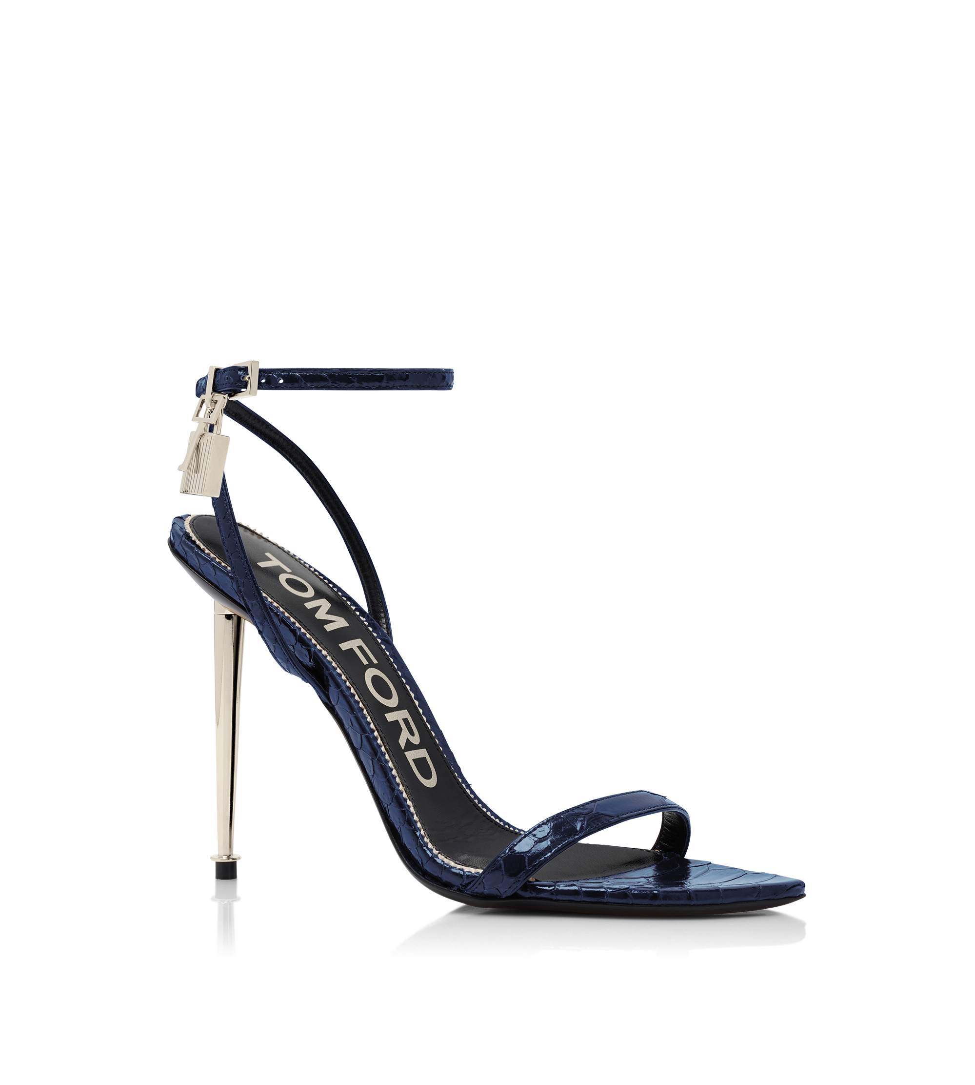 SEMI SHINY PRINTED PYTHON PADLOCK POINTY NAKED SANDAL