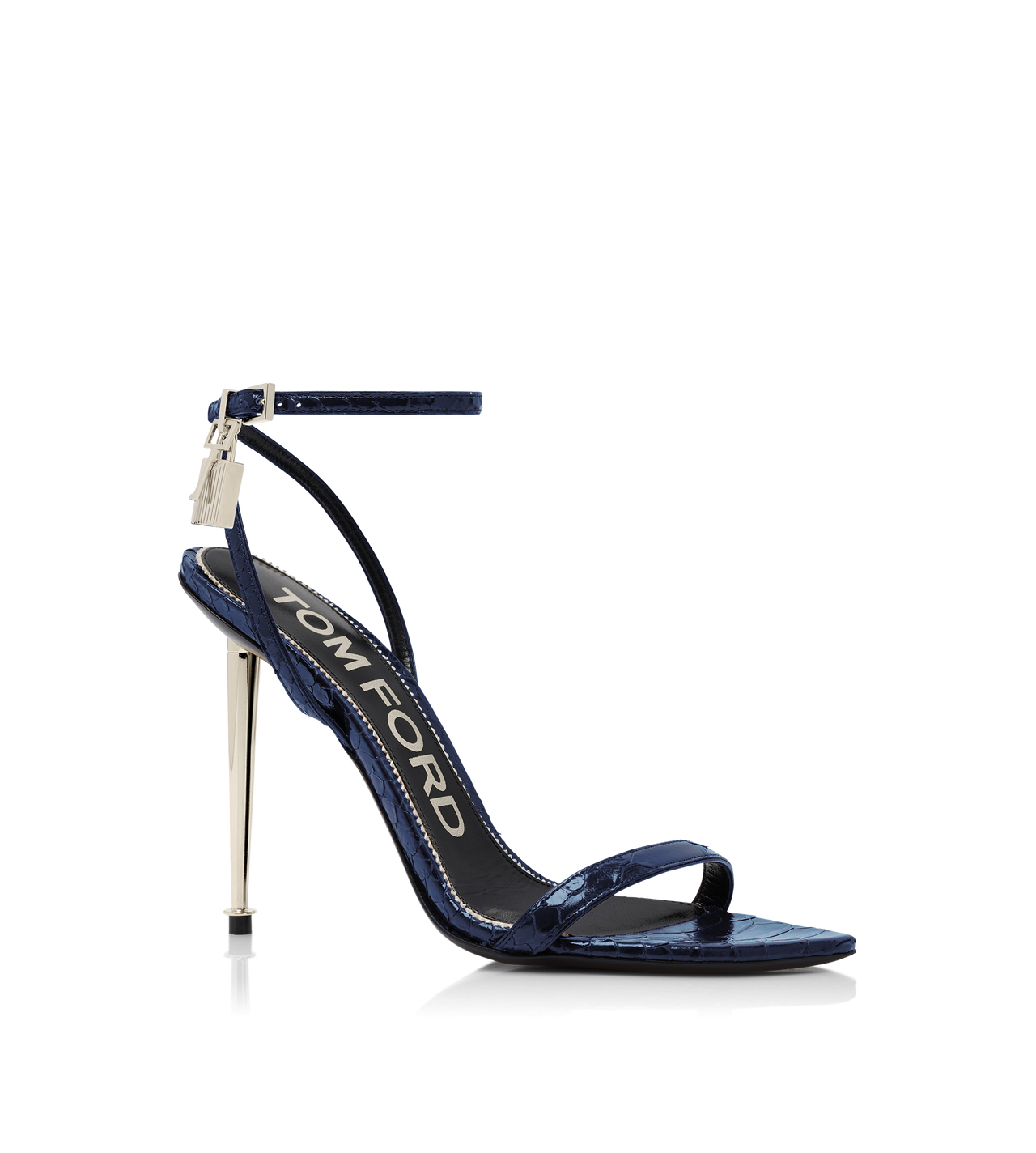 SEMI SHINY PRINTED PYTHON PADLOCK POINTY NAKED SANDAL image number 1