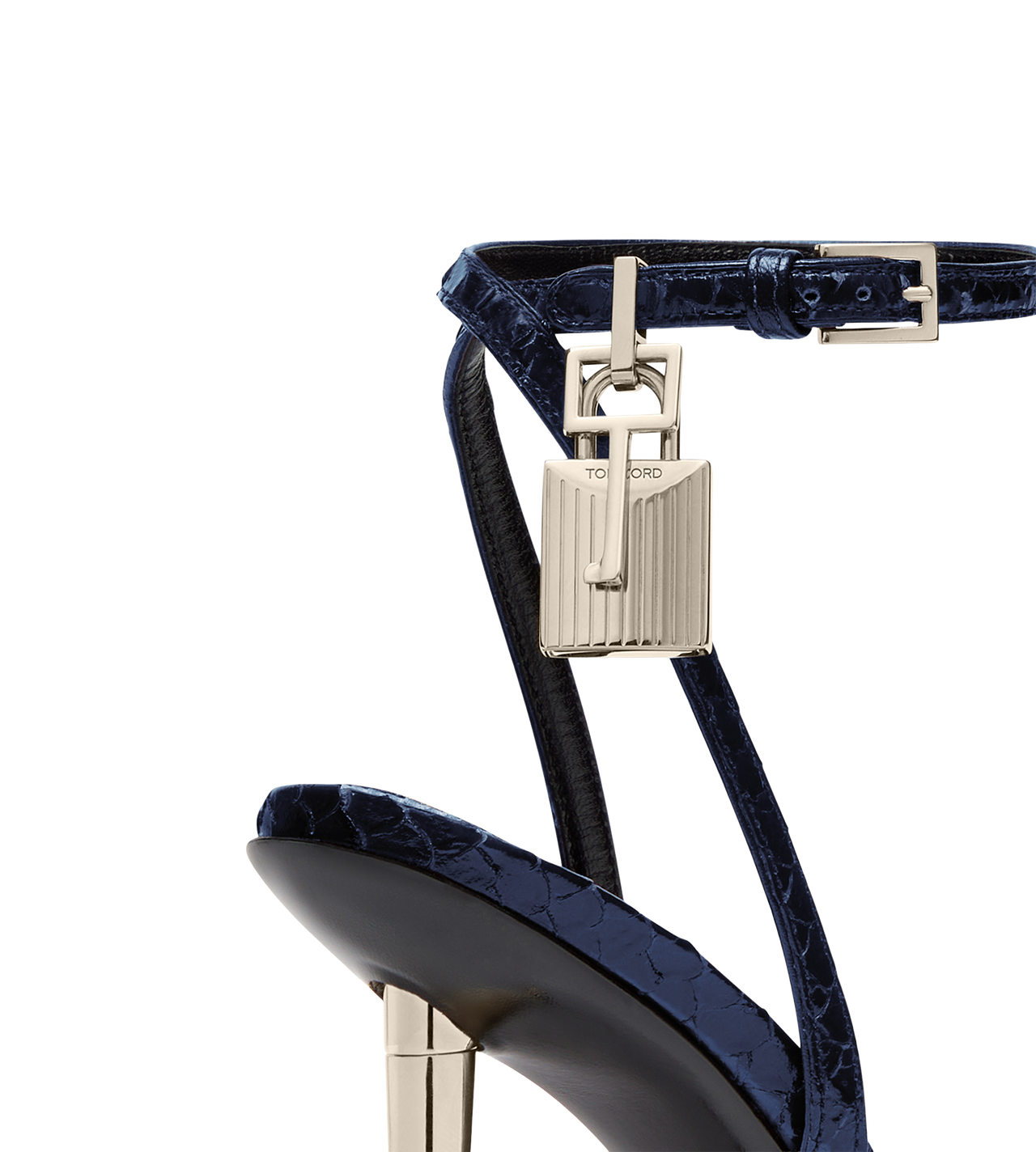 SEMI SHINY PRINTED PYTHON PADLOCK POINTY NAKED SANDAL image number 4