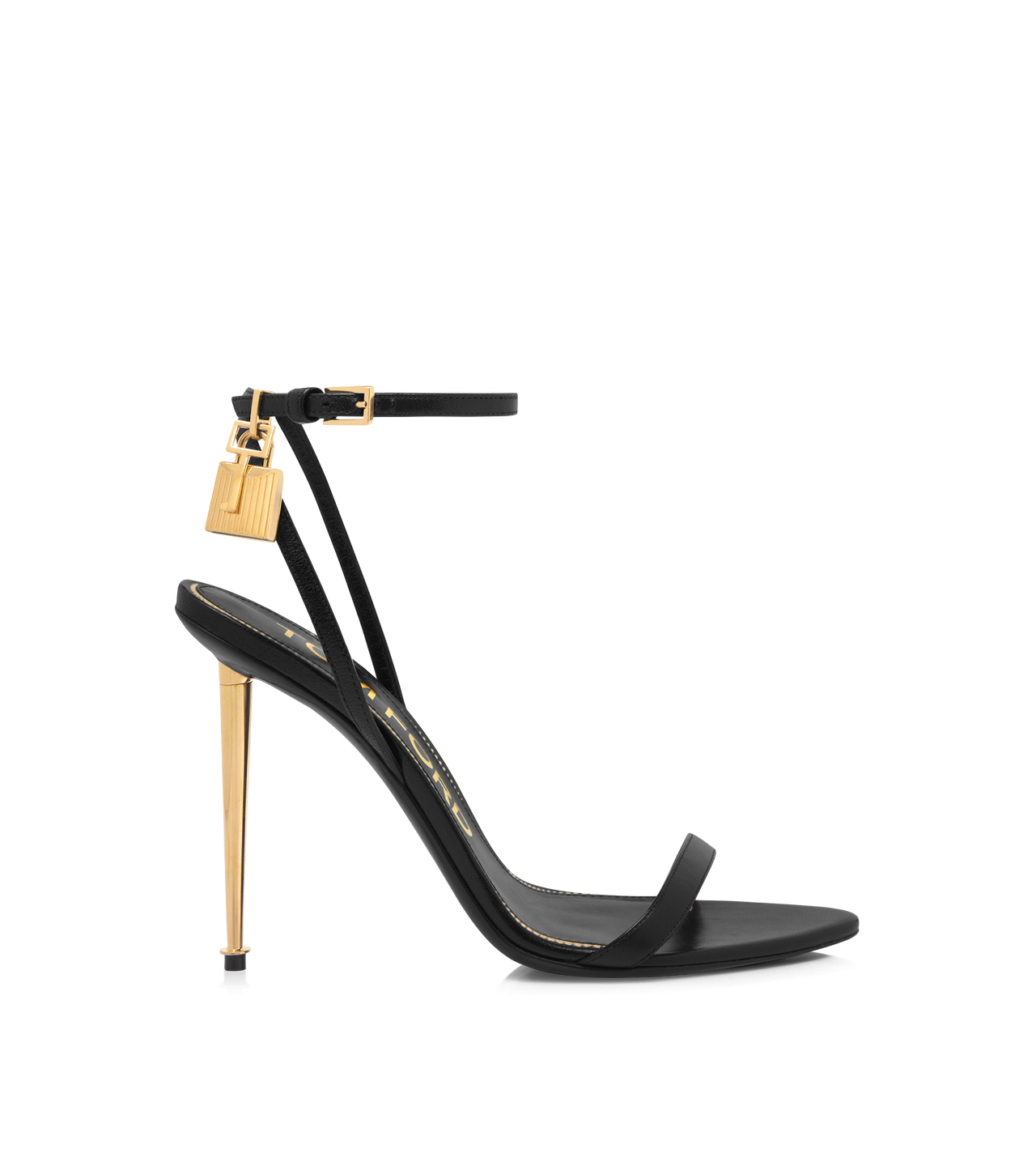 TOM FORD LEATHER BLACK SHINY LEATHER PADLOCK POINTY NAKED SANDAL