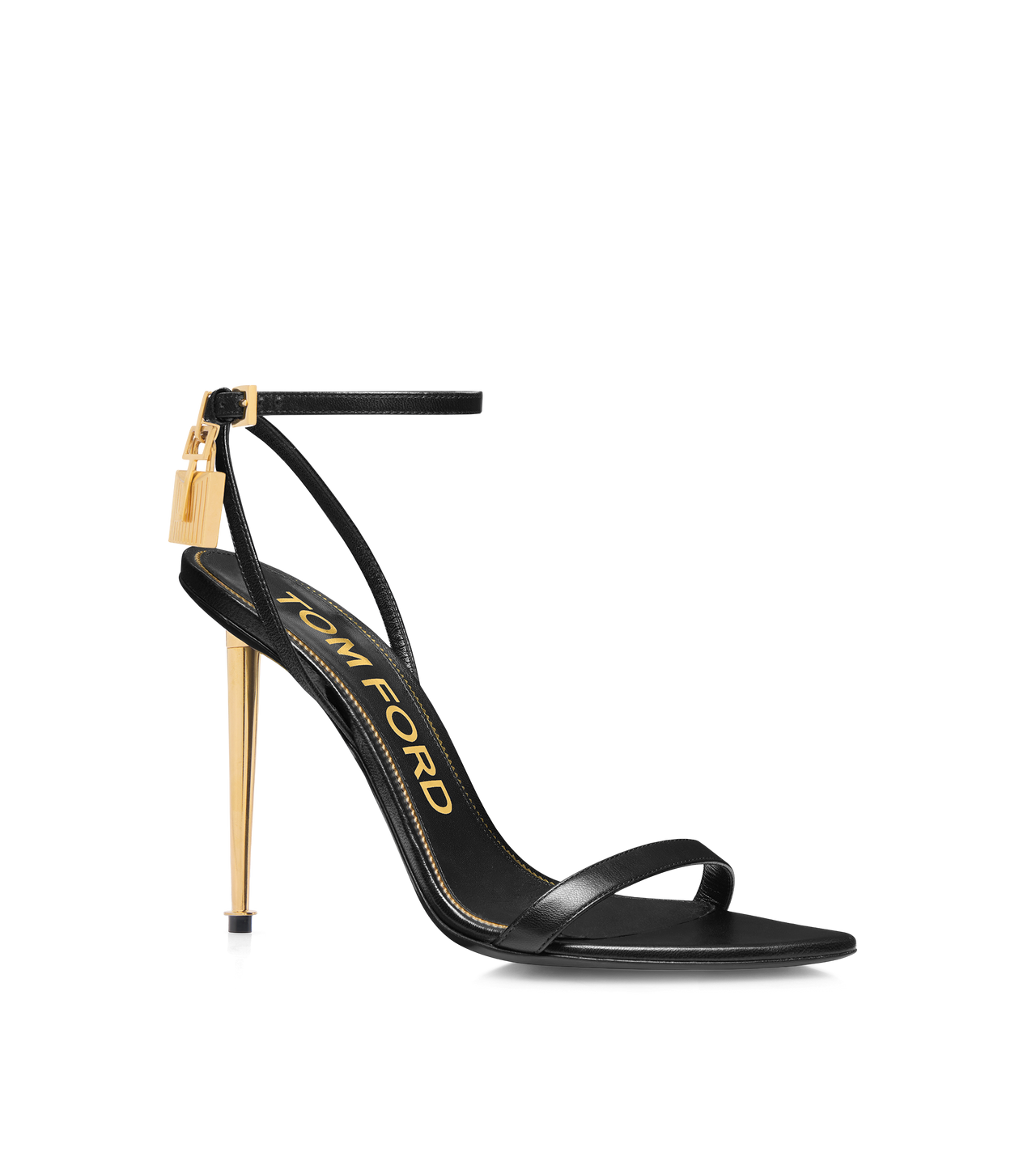 TOM FORD LEATHER BLACK SHINY LEATHER PADLOCK POINTY NAKED SANDAL