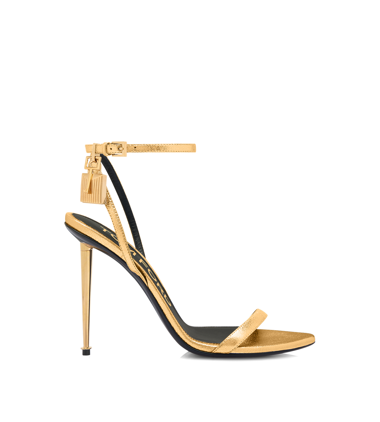 TOM FORD LEATHER GOLD LAMINATED NAPPA LEATHER PADLOCK POINTY NAKED SANDAL