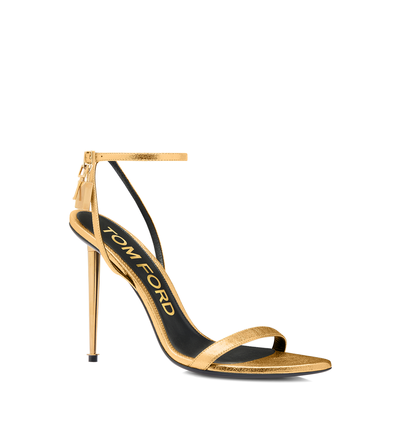 TOM FORD LEATHER GOLD LAMINATED NAPPA LEATHER PADLOCK POINTY NAKED SANDAL