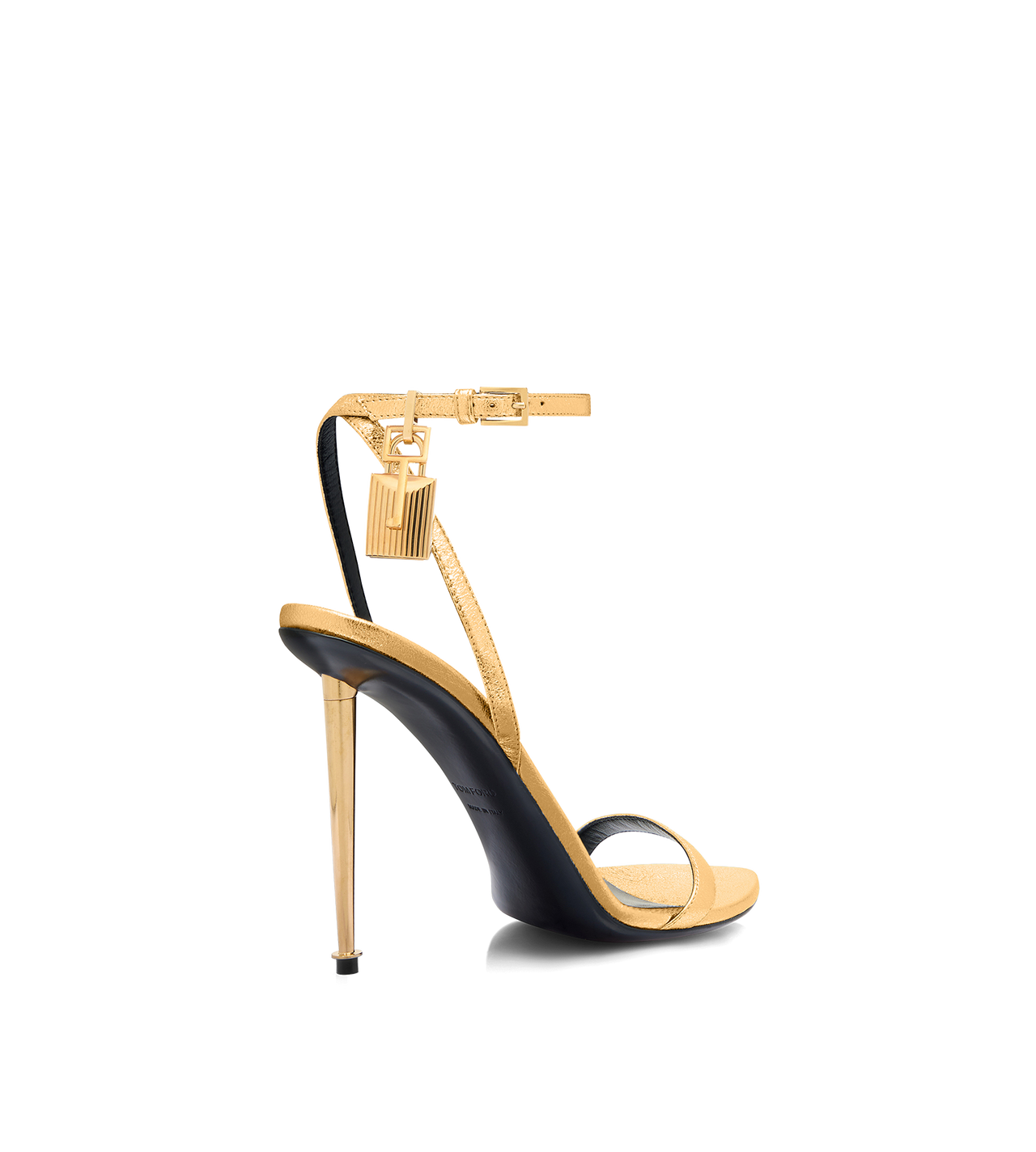 TOM FORD LEATHER GOLD LAMINATED NAPPA LEATHER PADLOCK POINTY NAKED SANDAL