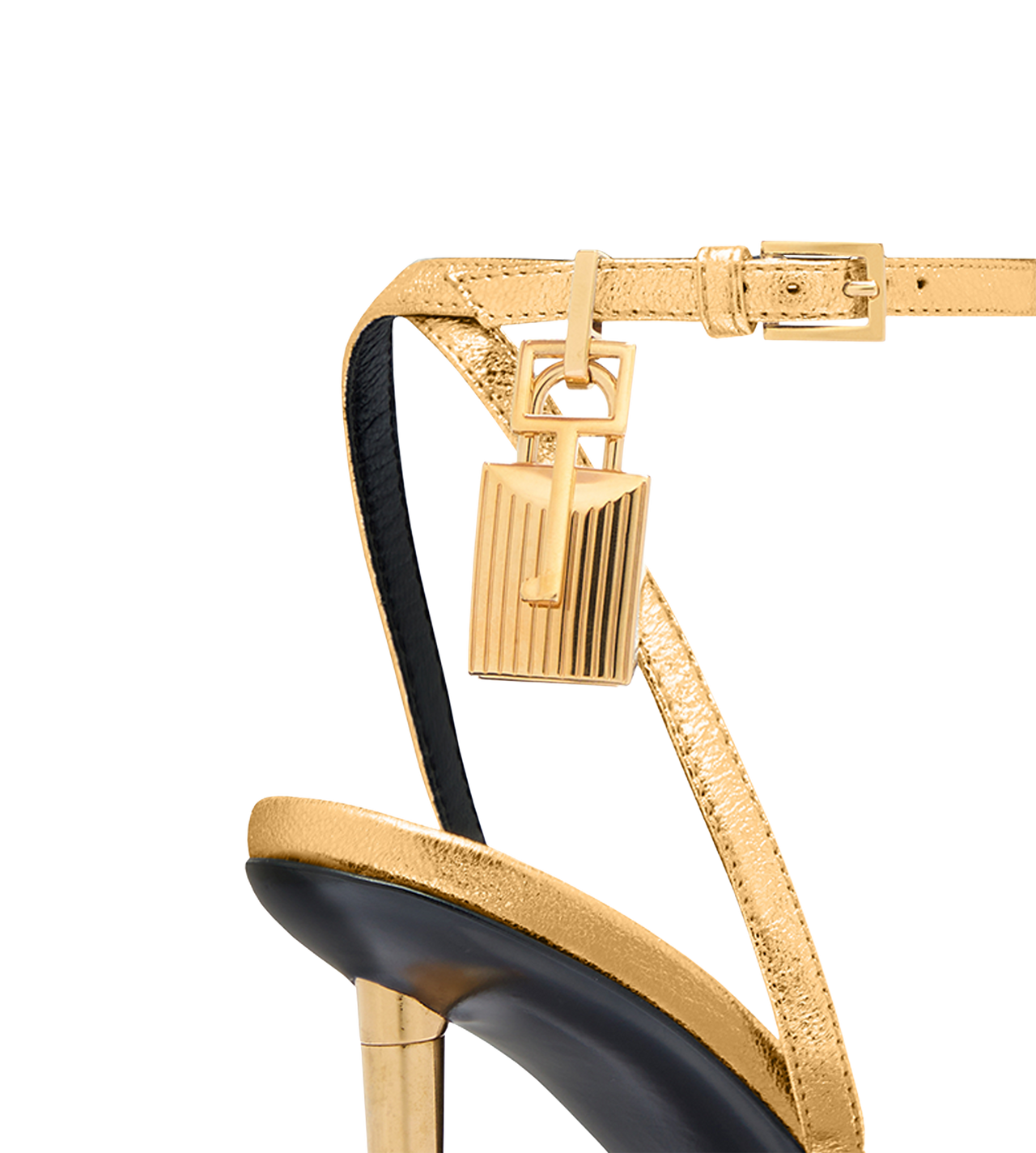 TOM FORD LEATHER GOLD LAMINATED NAPPA LEATHER PADLOCK POINTY NAKED SANDAL