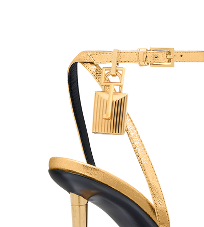 TOM FORD LEATHER GOLD LAMINATED NAPPA LEATHER PADLOCK POINTY NAKED SANDAL