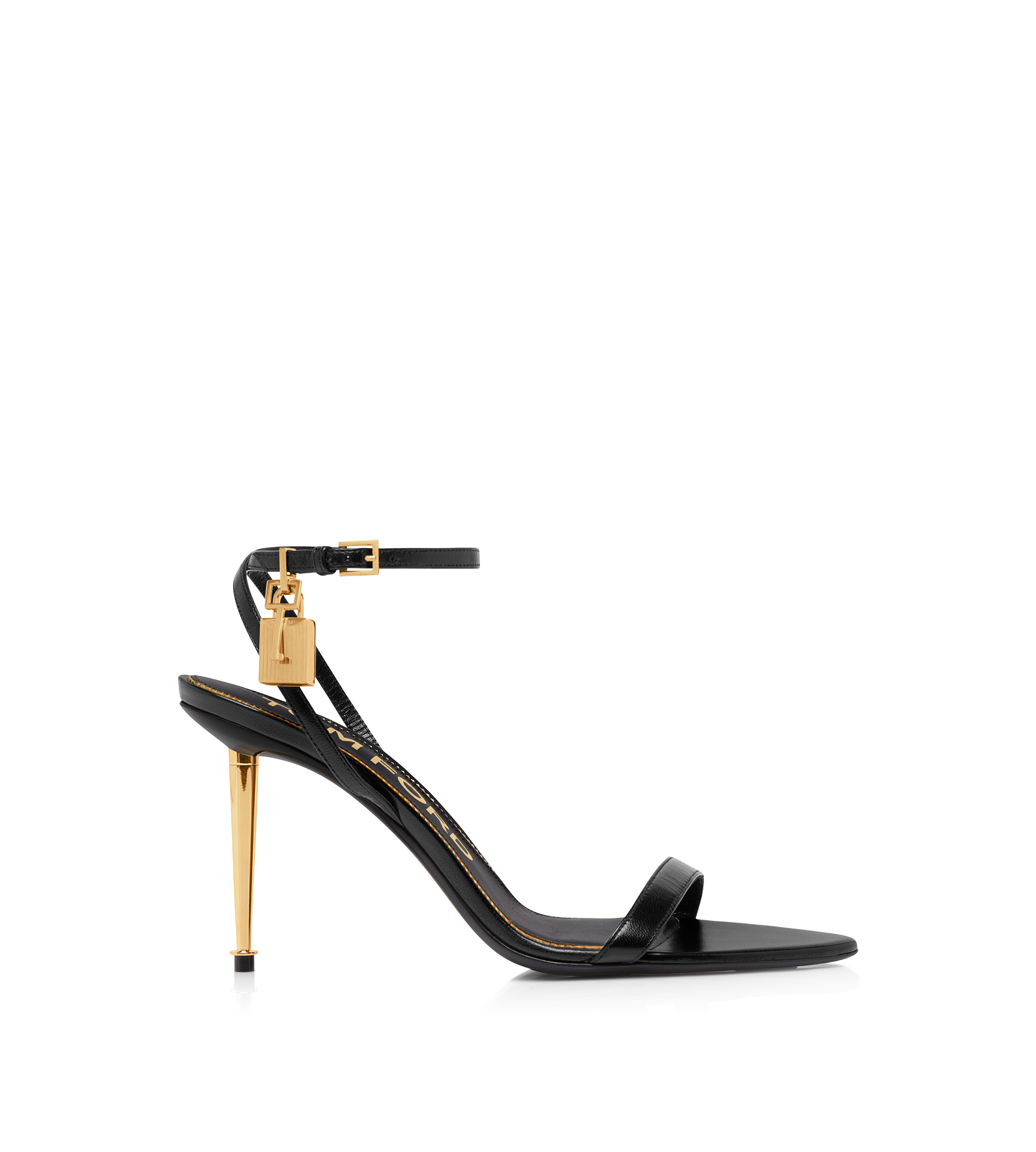 SHINY LEATHER PADLOCK POINTY NAKED SANDAL 85MM