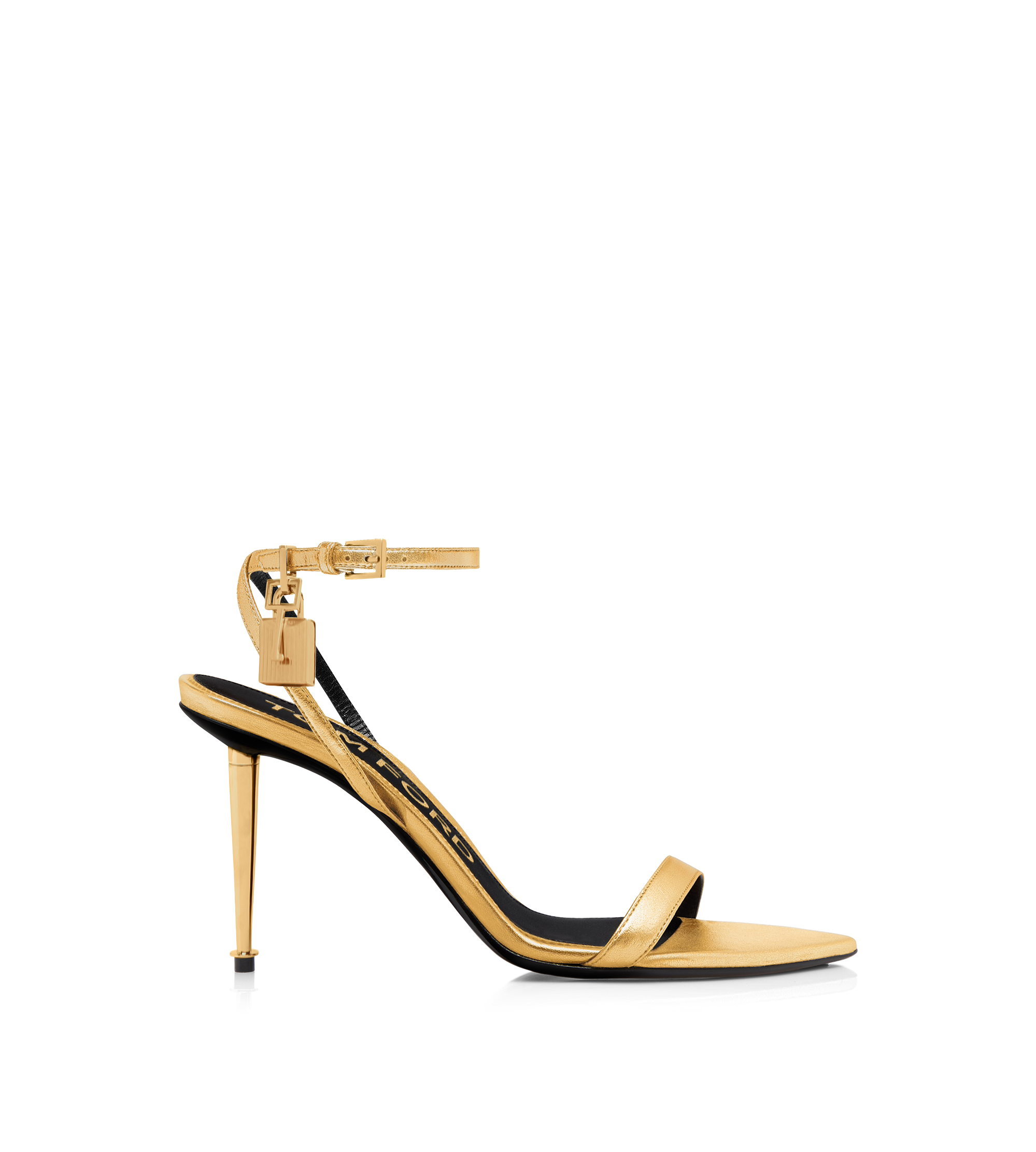 LAMINATED NAPPA LEATHER PADLOCK POINTY NAKED SANDAL 85MM