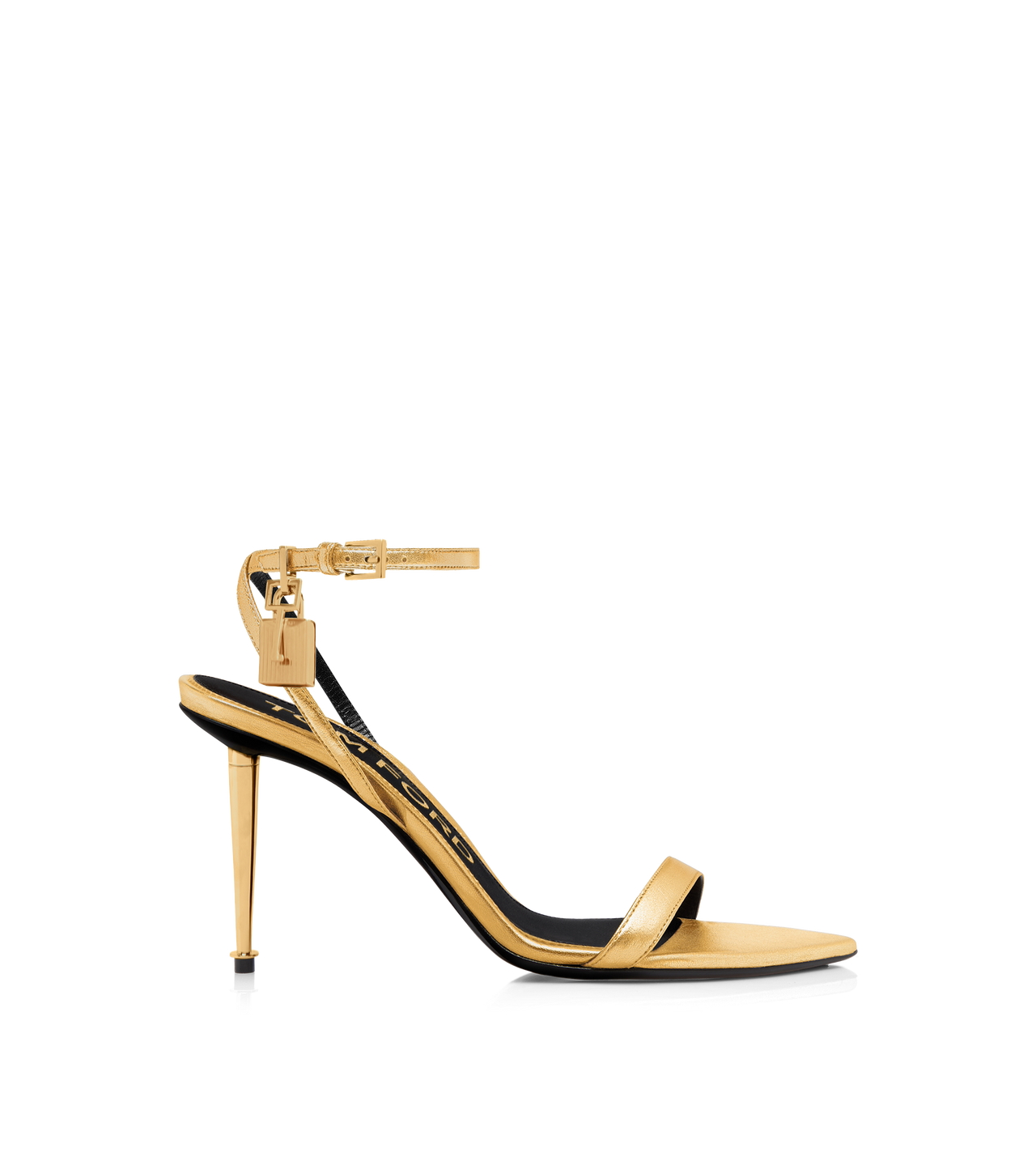TOM FORD LEATHER GOLD LAMINATED NAPPA LEATHER PADLOCK POINTY NAKED SANDAL 85MM