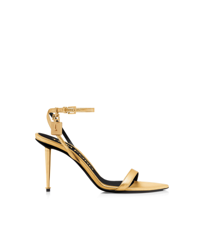 TOM FORD LEATHER GOLD LAMINATED NAPPA LEATHER PADLOCK POINTY NAKED SANDAL 85MM