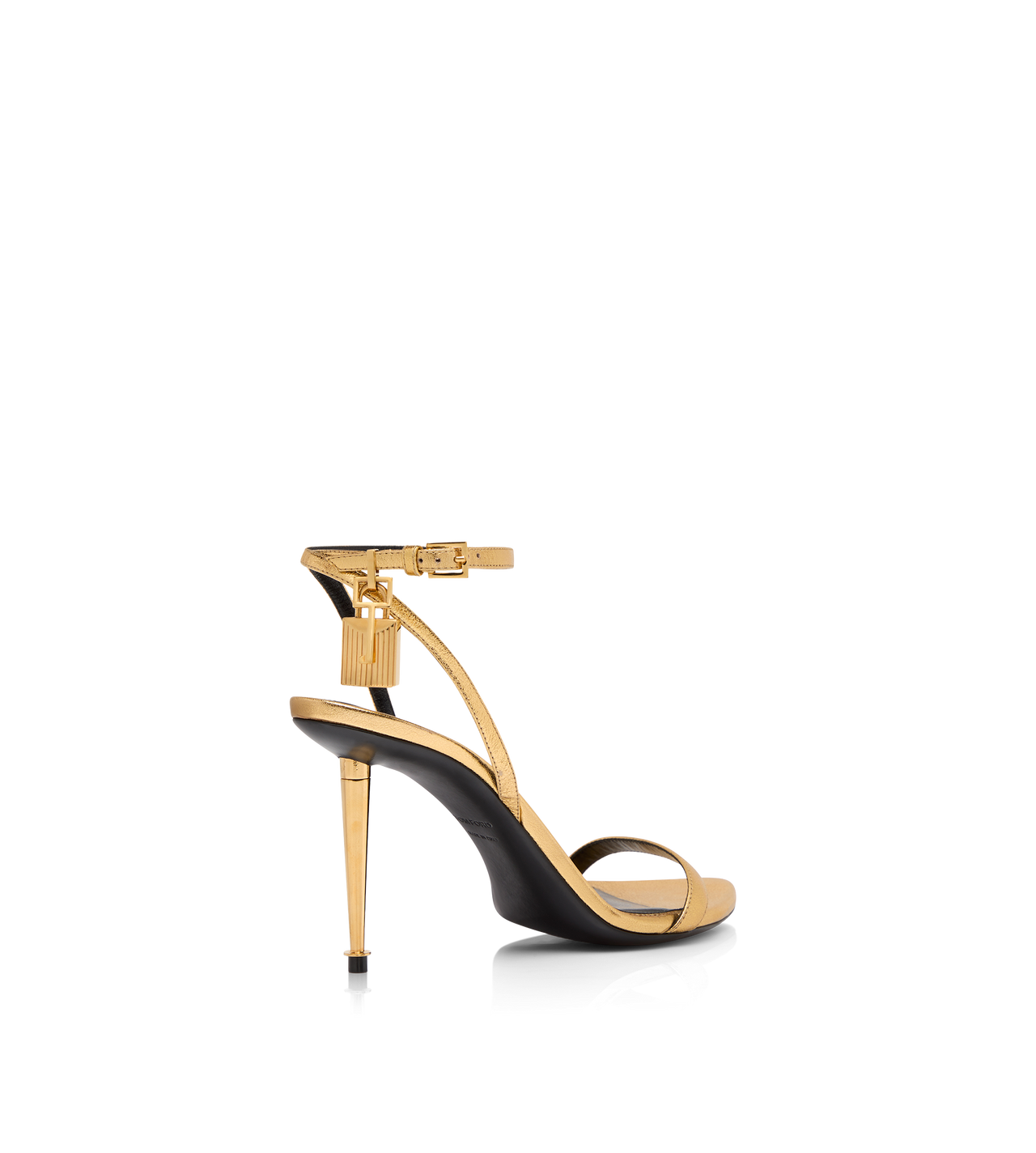TOM FORD LEATHER GOLD LAMINATED NAPPA LEATHER PADLOCK POINTY NAKED SANDAL 85MM