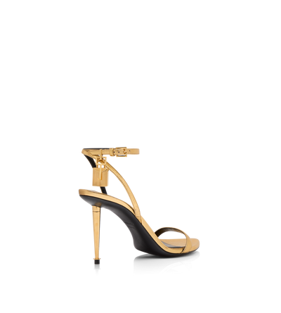 TOM FORD LEATHER GOLD LAMINATED NAPPA LEATHER PADLOCK POINTY NAKED SANDAL 85MM