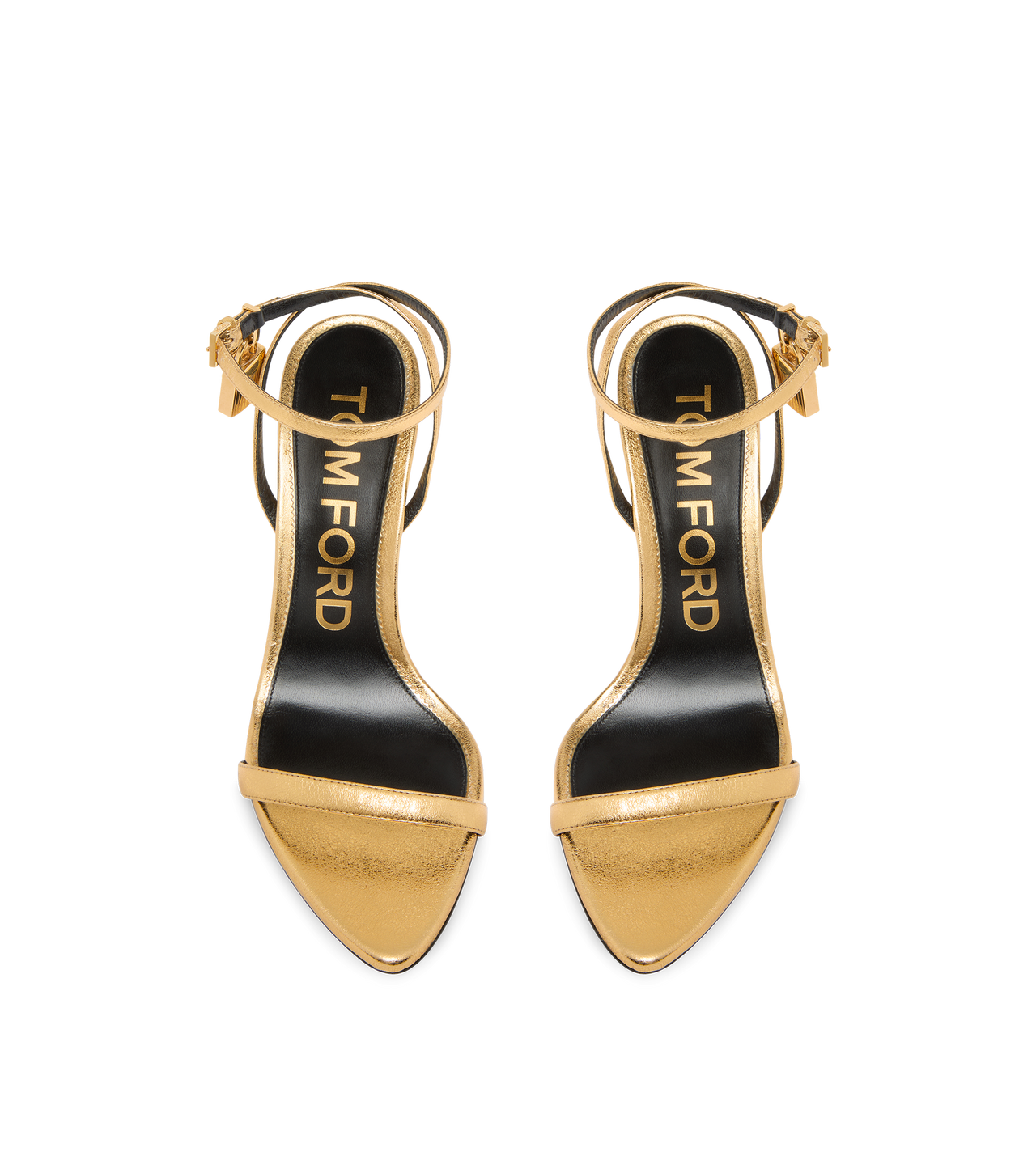 TOM FORD LEATHER GOLD LAMINATED NAPPA LEATHER PADLOCK POINTY NAKED SANDAL 85MM