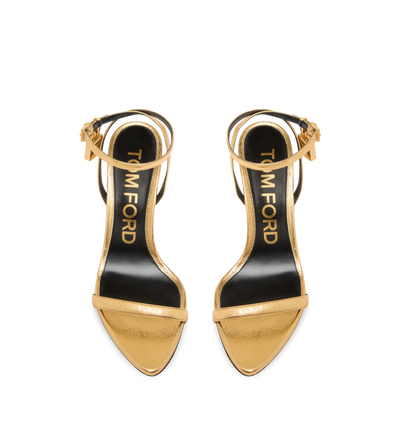 TOM FORD LEATHER GOLD LAMINATED NAPPA LEATHER PADLOCK POINTY NAKED SANDAL 85MM