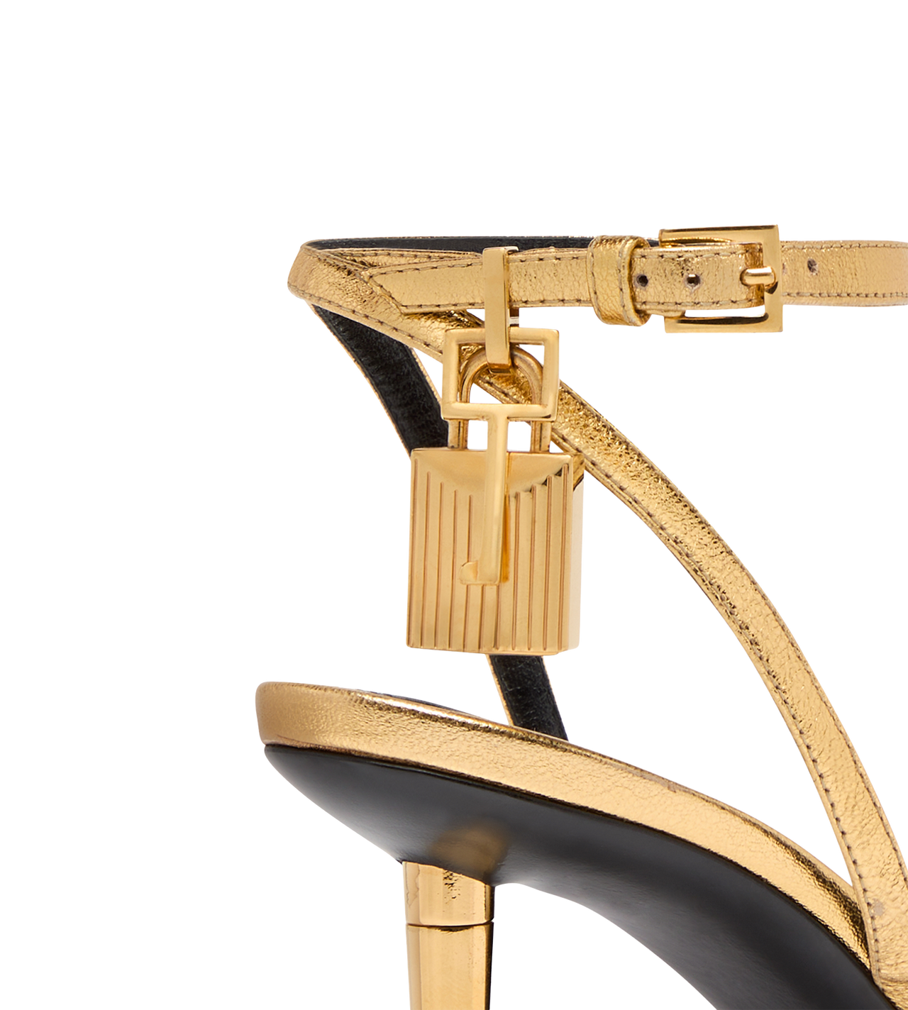 TOM FORD LEATHER GOLD LAMINATED NAPPA LEATHER PADLOCK POINTY NAKED SANDAL 85MM