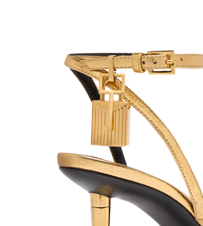 TOM FORD LEATHER GOLD LAMINATED NAPPA LEATHER PADLOCK POINTY NAKED SANDAL 85MM