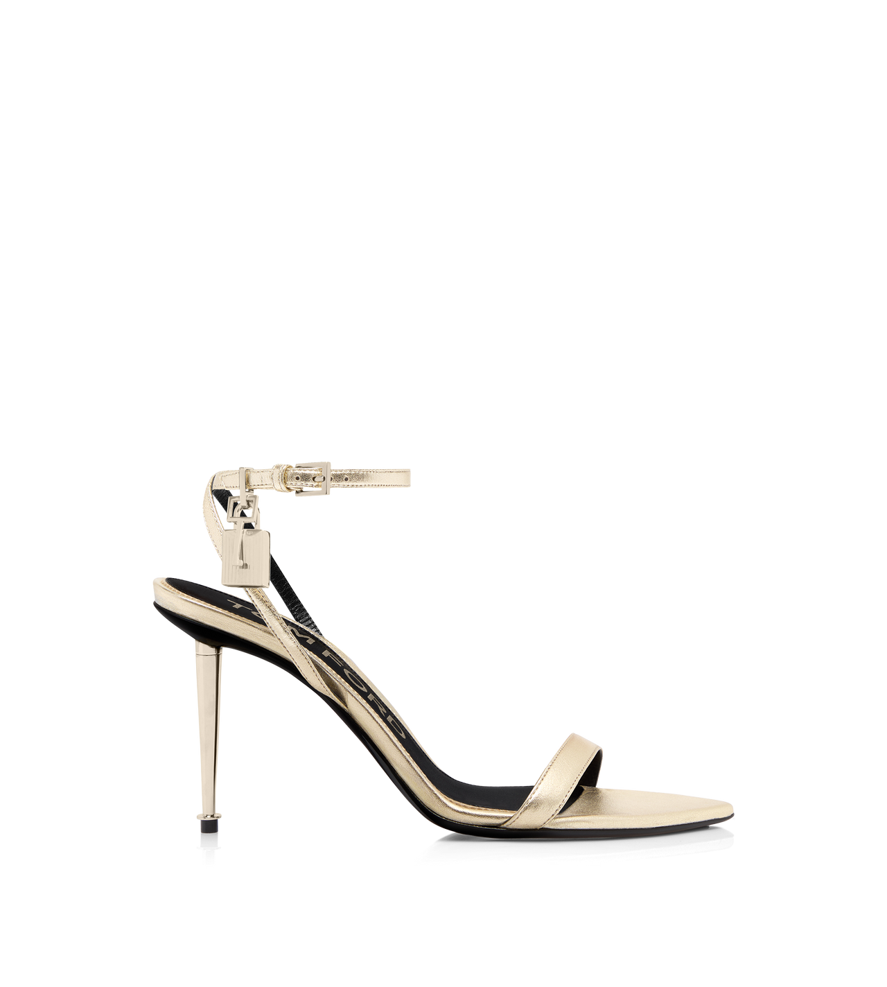 LAMINATED NAPPA LEATHER PADLOCK POINTY NAKED SANDAL image number 0