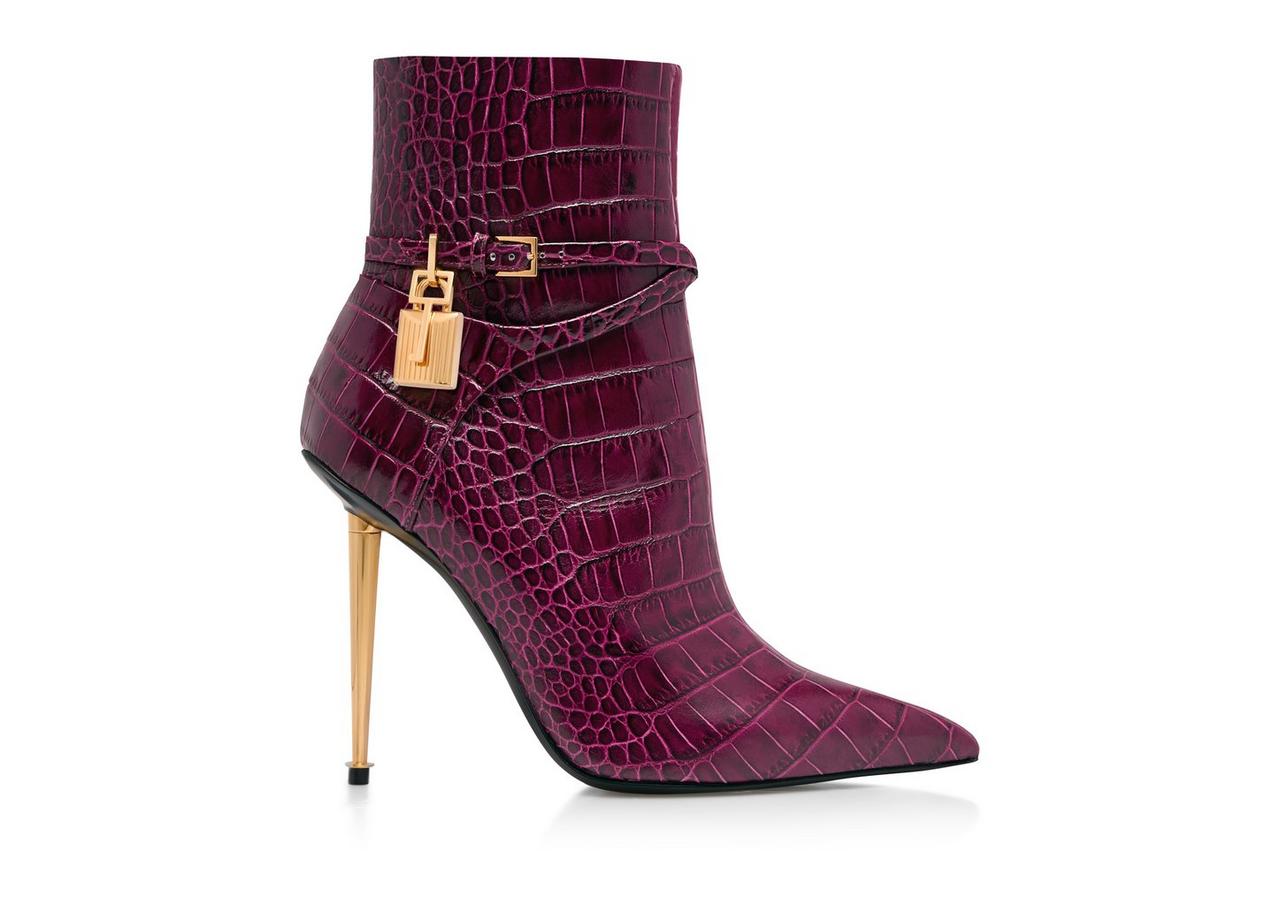 SHINY STAMPED CROCODILE LEATHER PADLOCK ANKLE BOOT image number 0