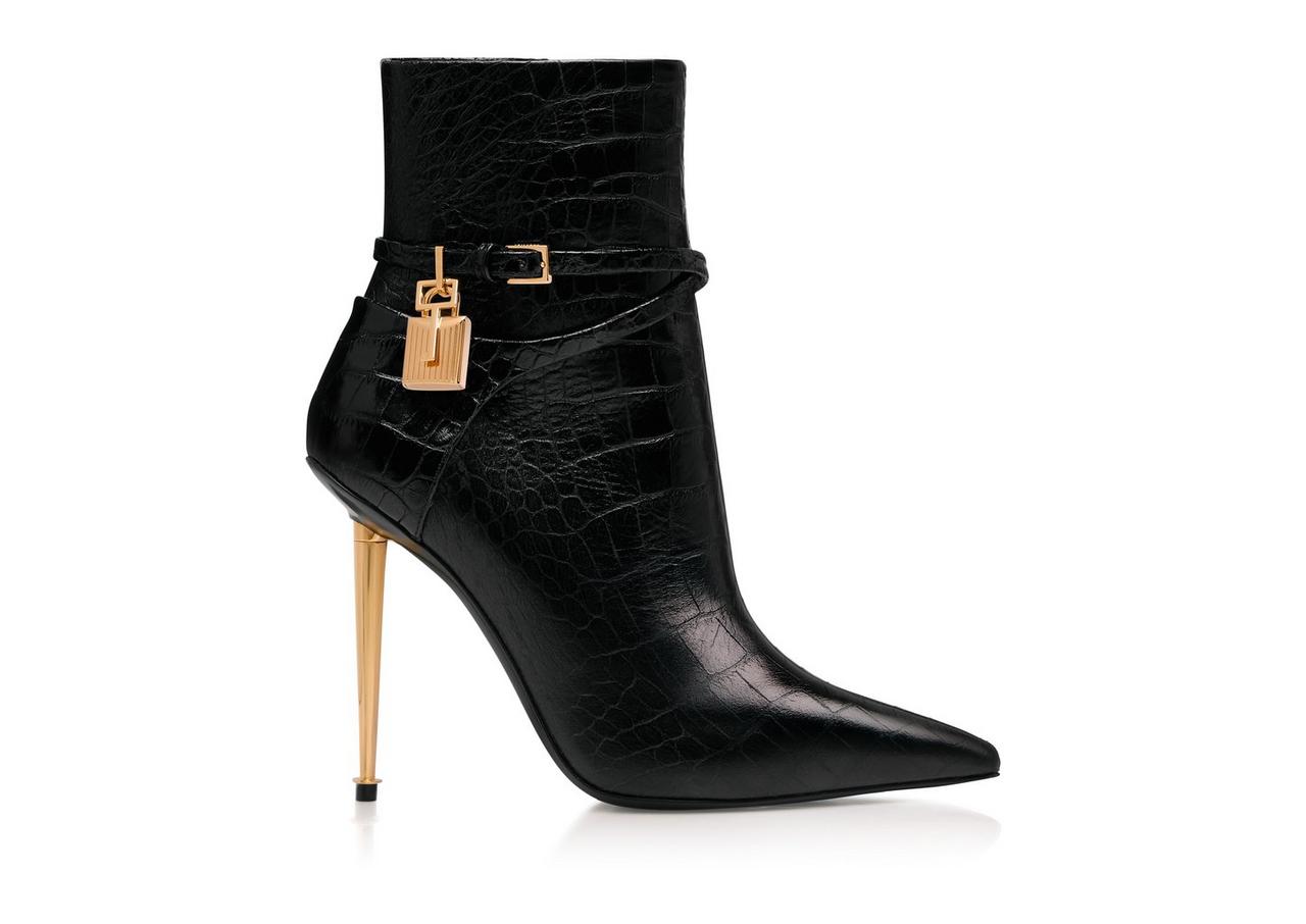 SHINY STAMPED CROCODILE LEATHER PADLOCK ANKLE BOOT