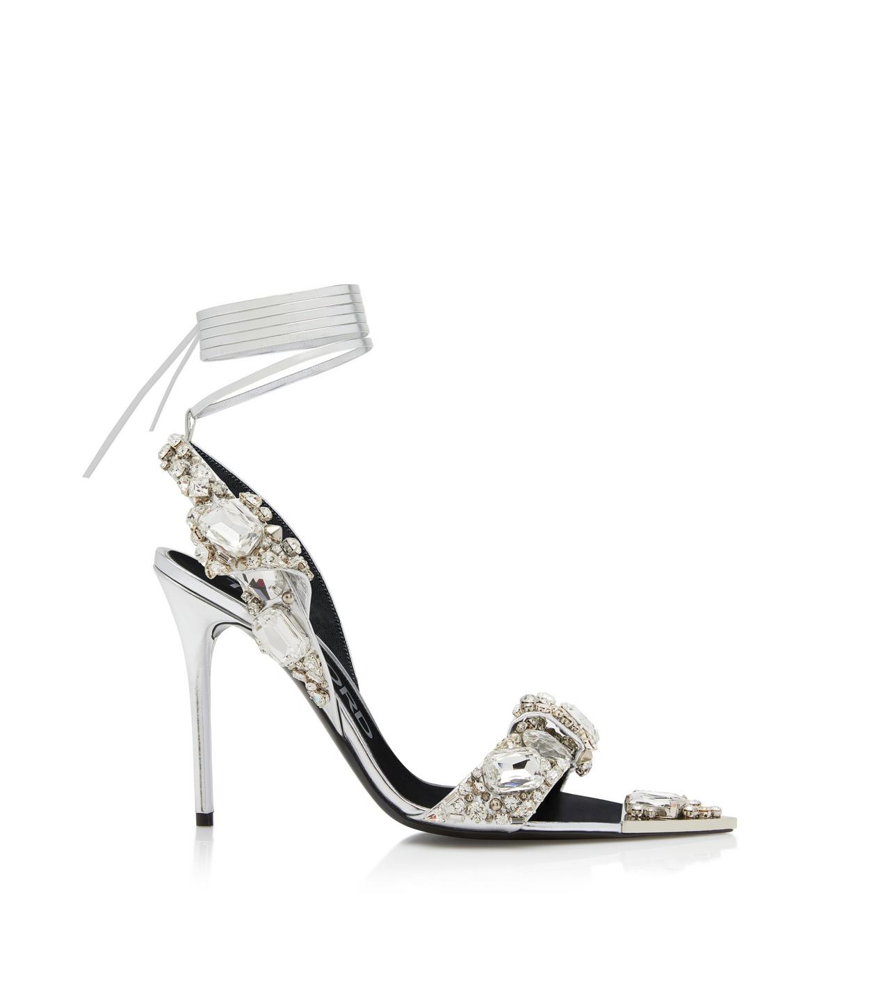 MIRROR LEATHER AND CRYSTAL STONES POINTY JEWEL SANDAL image number 0