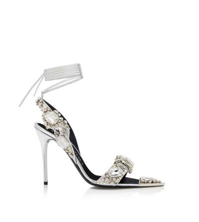MIRROR LEATHER AND CRYSTAL STONES POINTY JEWEL SANDAL