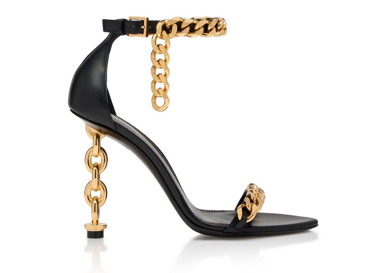 LEATHER CHAIN HEEL ANKLE STRAP SANDAL image number 0