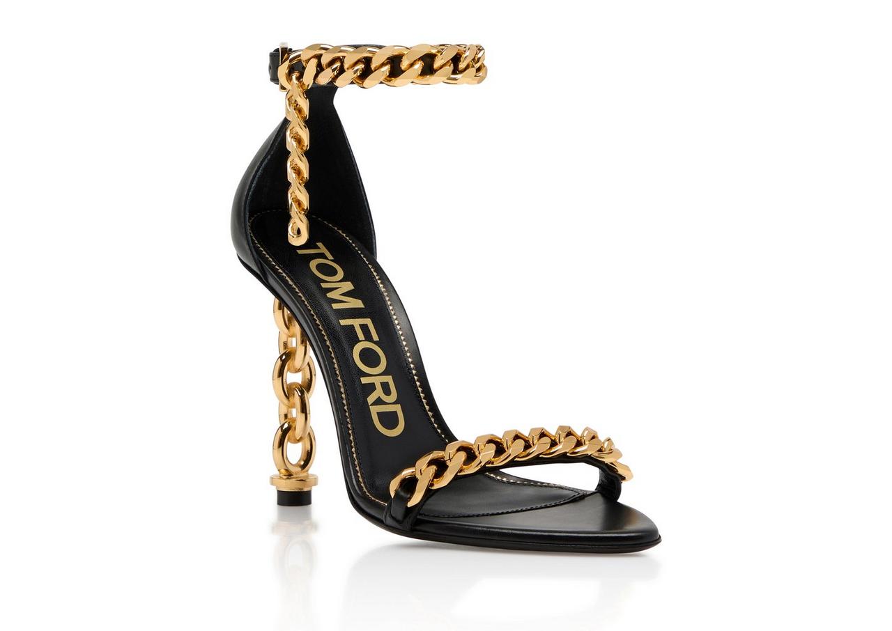 LEATHER CHAIN HEEL ANKLE STRAP SANDAL image number 1