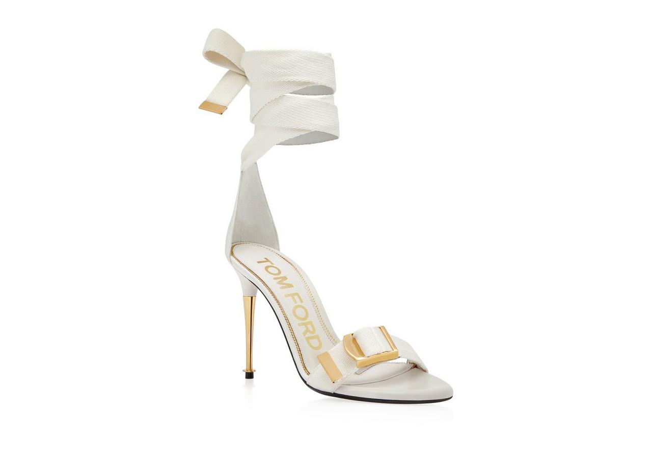 TEXTURED RIBBON BUCKLE ANKLE WRAP SANDAL image number 1