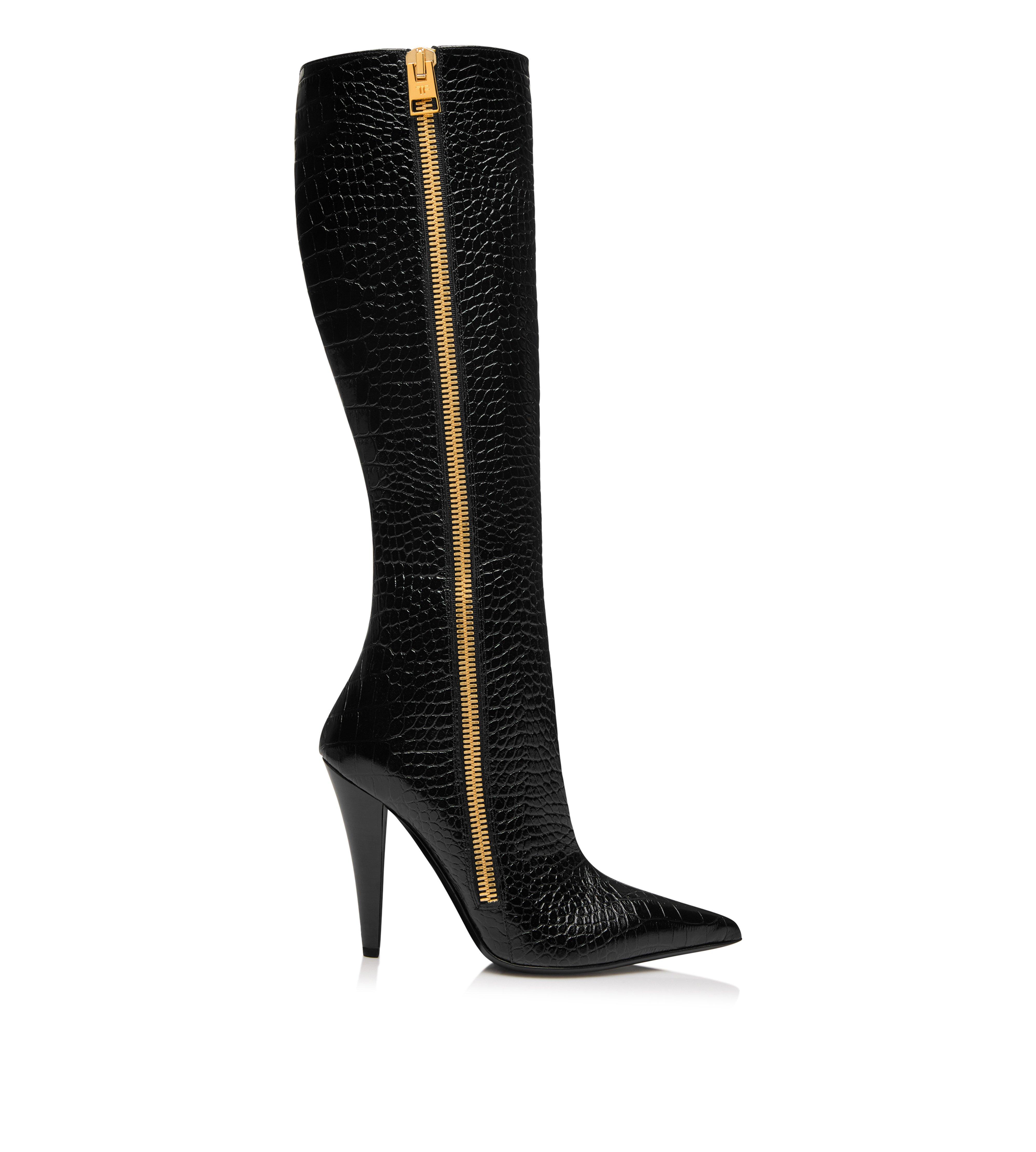 SHINY STAMPED CROCODILE LEATHER ZIP KNEE-HIGH BOOT | TOM