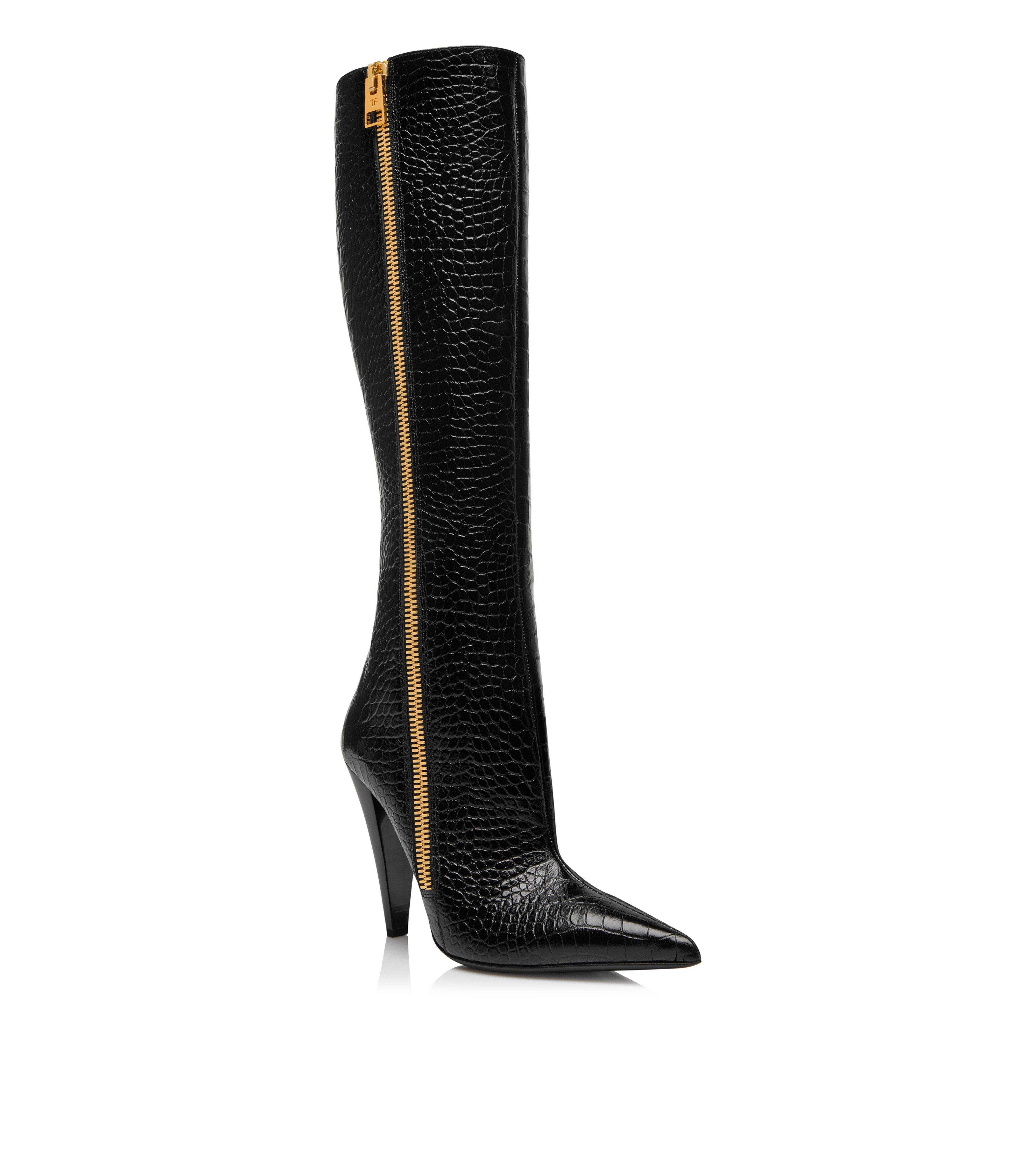 SHINY STAMPED CROCODILE LEATHER ZIP KNEE-HIGH BOOT