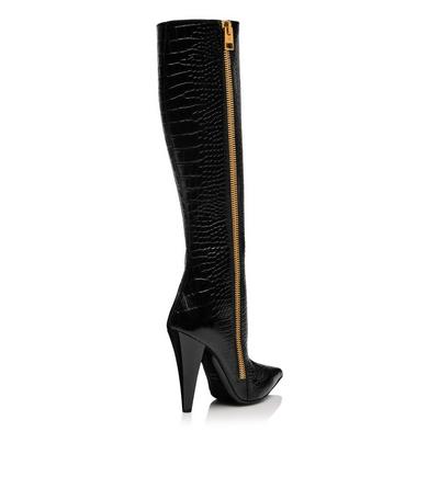 SHINY STAMPED CROCODILE LEATHER ZIP KNEE-HIGH BOOT image number 2
