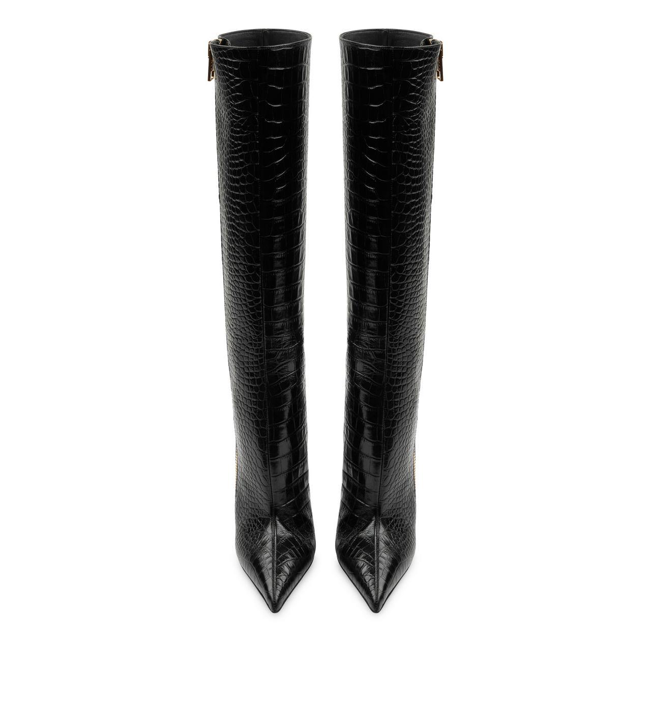 SHINY STAMPED CROCODILE LEATHER ZIP KNEE-HIGH BOOT image number 3