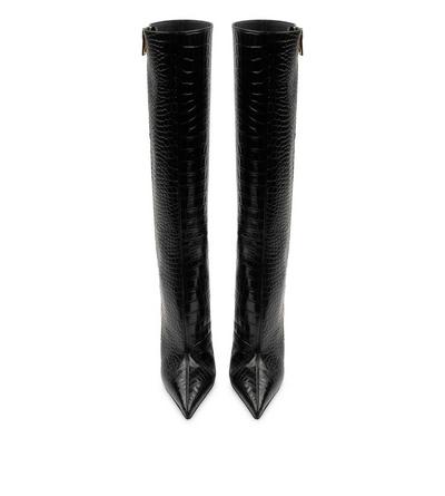 SHINY STAMPED CROCODILE LEATHER ZIP KNEE-HIGH BOOT image number 3