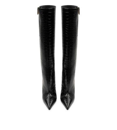 SHINY STAMPED CROCODILE LEATHER ZIP KNEE-HIGH BOOT image number 3