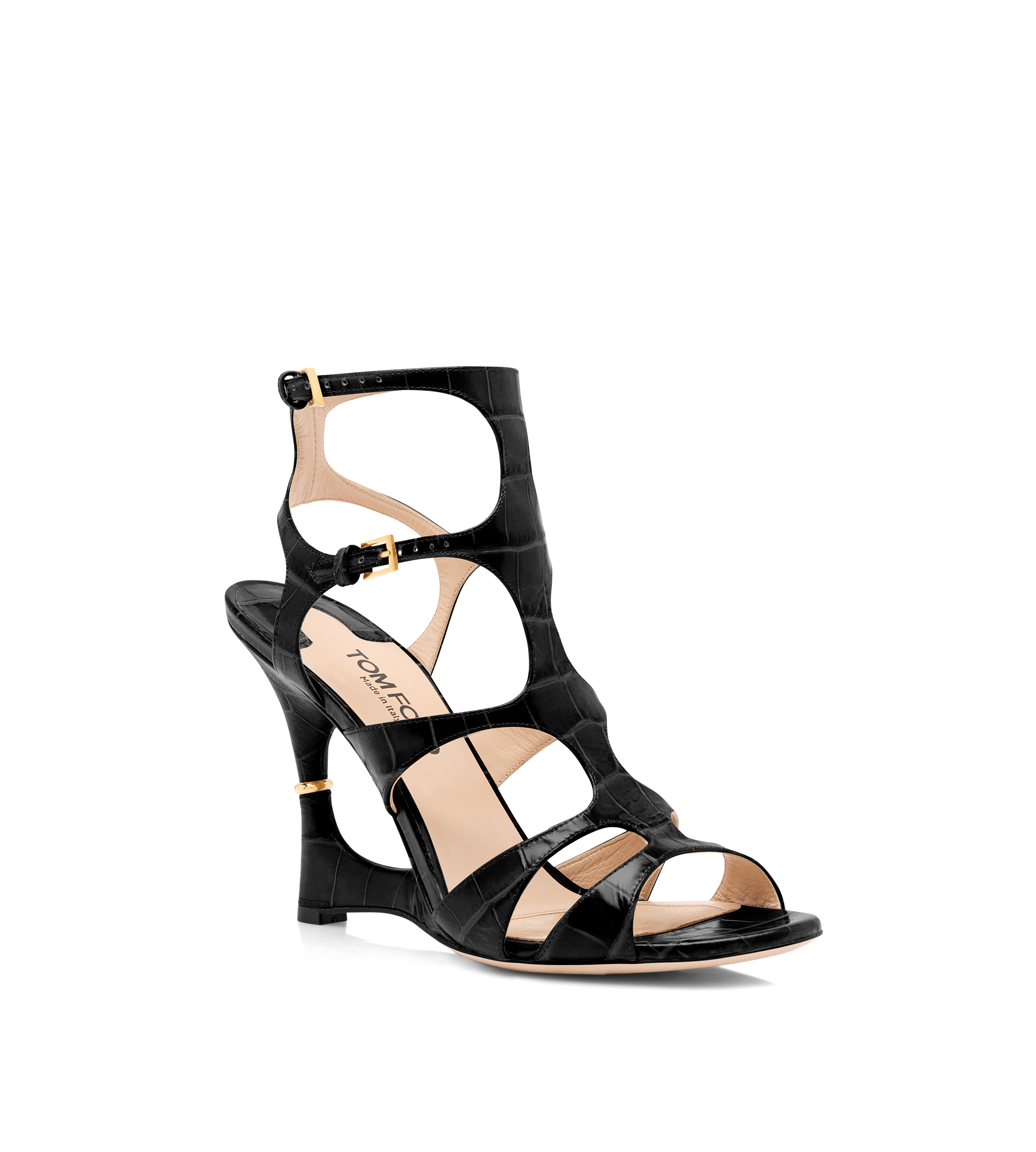 SHINY STAMPED CROCODILE LEATHER PARADIS CAGE SANDAL