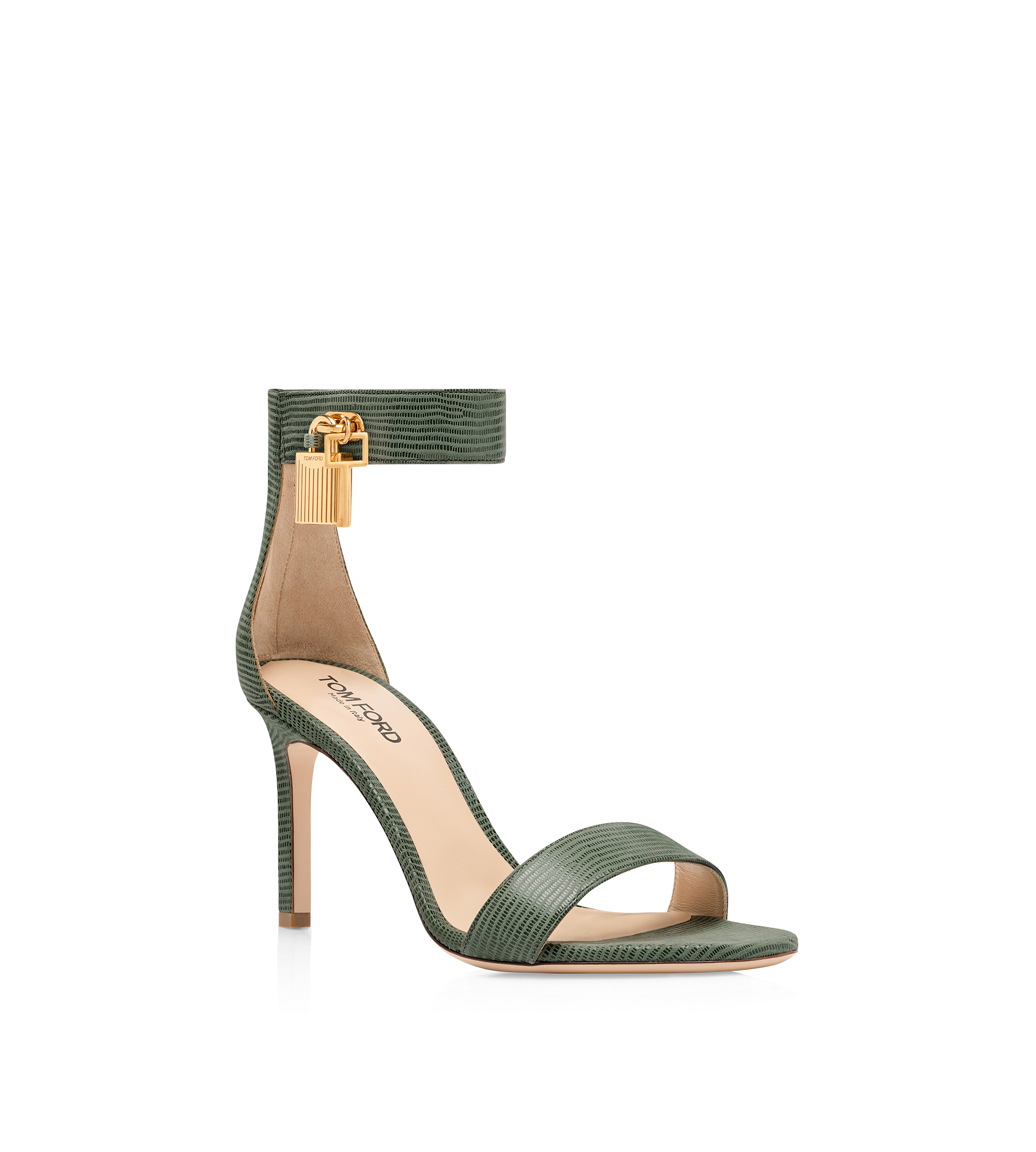 LIZARD-EFFECT SUEDE LEATHER PADLOCK SANDAL