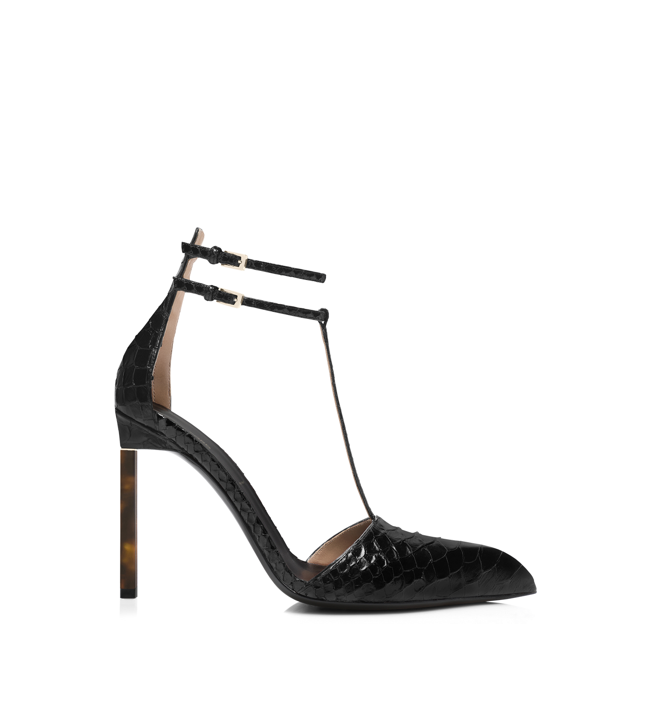 TOM FORD LEATHER BLACK PRINTED PYTHON T STRAP PUMP