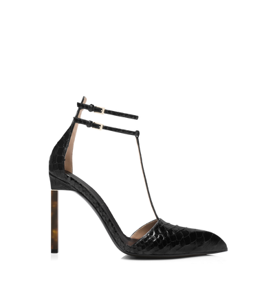 TOM FORD LEATHER BLACK PRINTED PYTHON T STRAP PUMP
