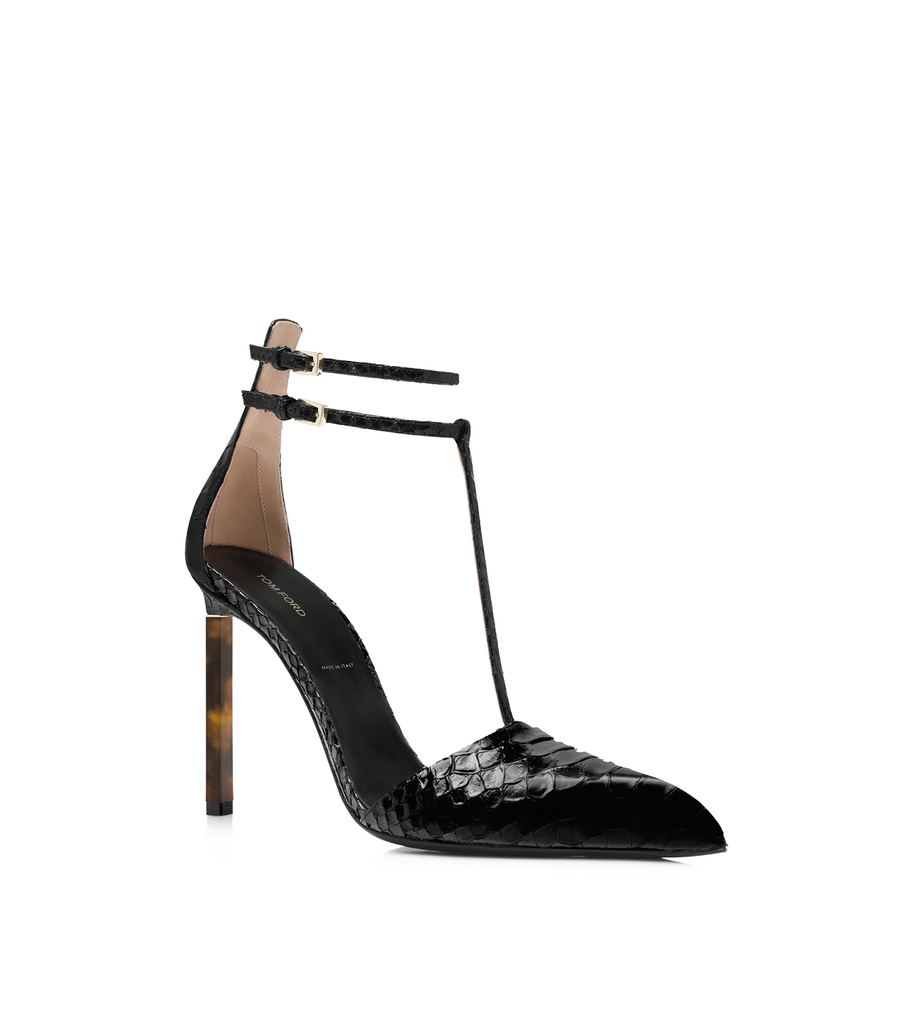 TOM FORD LEATHER BLACK PRINTED PYTHON T STRAP PUMP