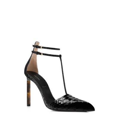 TOM FORD LEATHER BLACK PRINTED PYTHON T STRAP PUMP