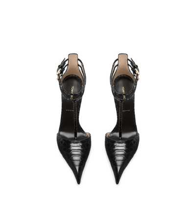 TOM FORD LEATHER BLACK PRINTED PYTHON T STRAP PUMP