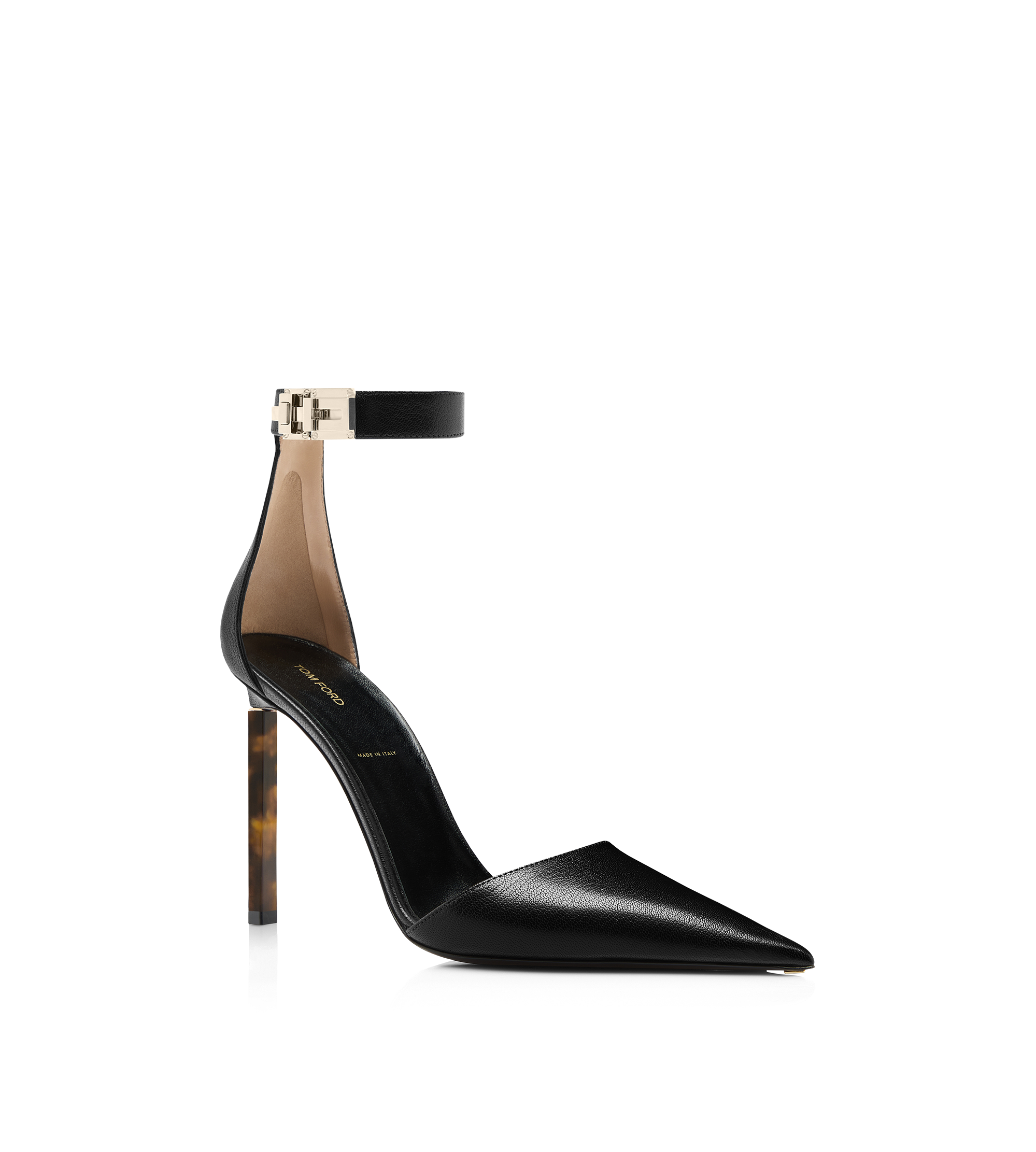 SUPPLE GRAIN LEATHER T LATCH ANKLE STRAP PUMP