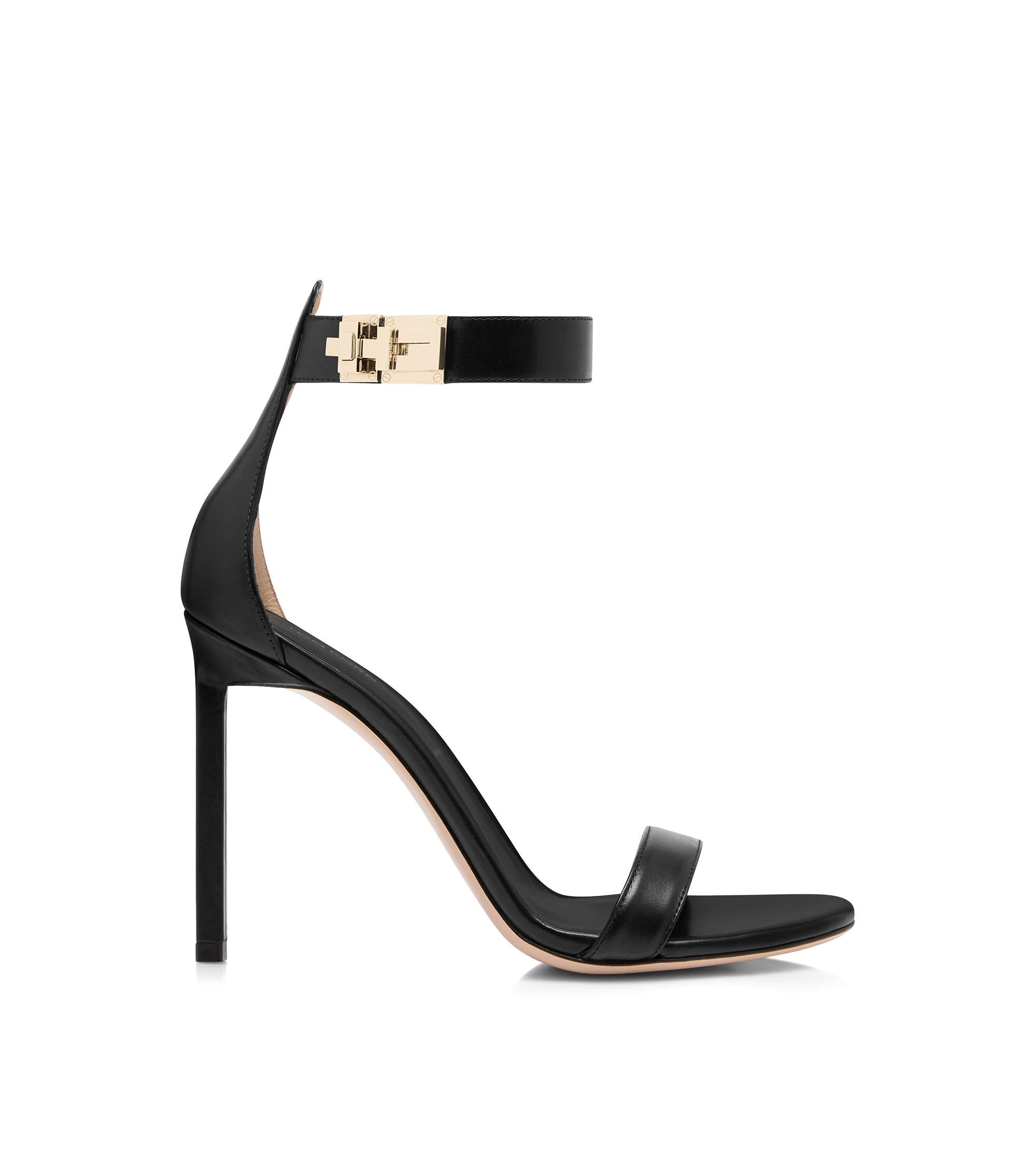 SHINY LEATHER T LATCH ANKLE STRAP SANDAL