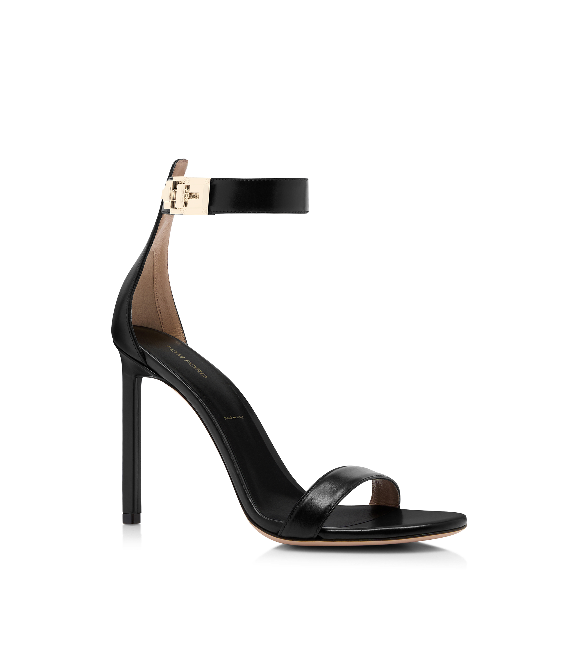 SHINY LEATHER T LATCH ANKLE STRAP SANDAL