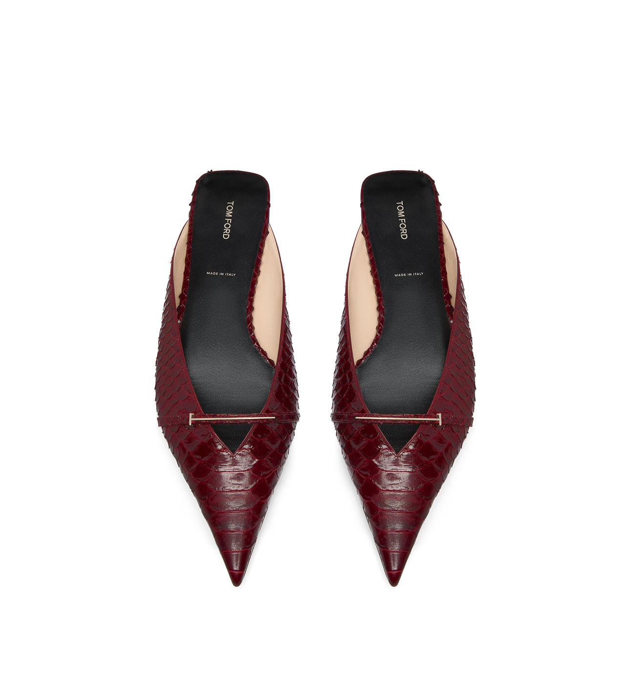 TOM FORD LEATHER RUBY RED SEMI SHINY PRINTED PYTHON JULIANNE MULE