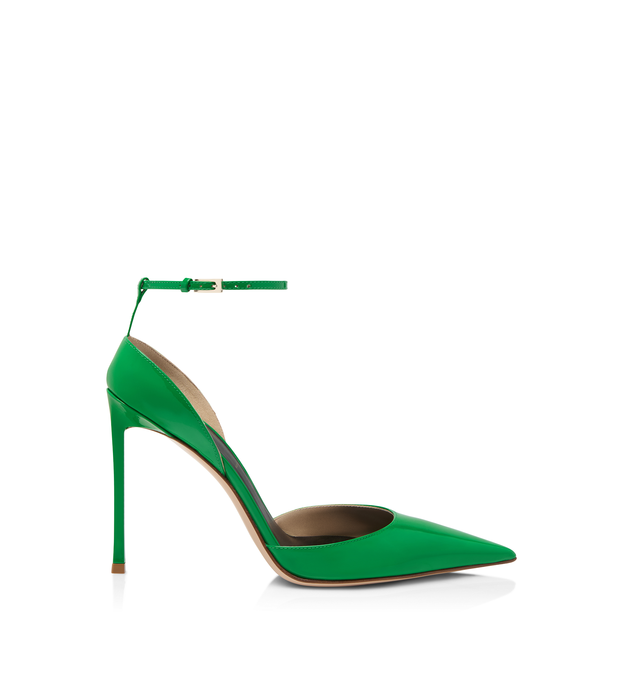 PATENT LEATHER VERTIGO ANKLE STRAP PUMP