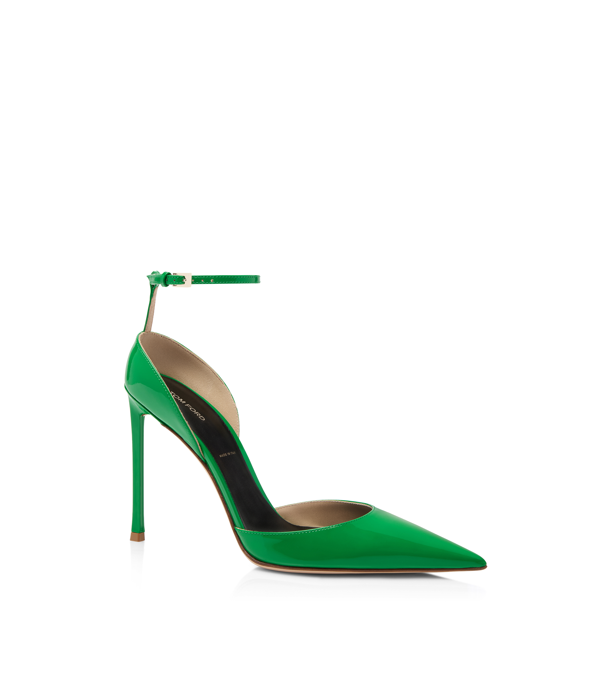 PATENT LEATHER VERTIGO ANKLE STRAP PUMP