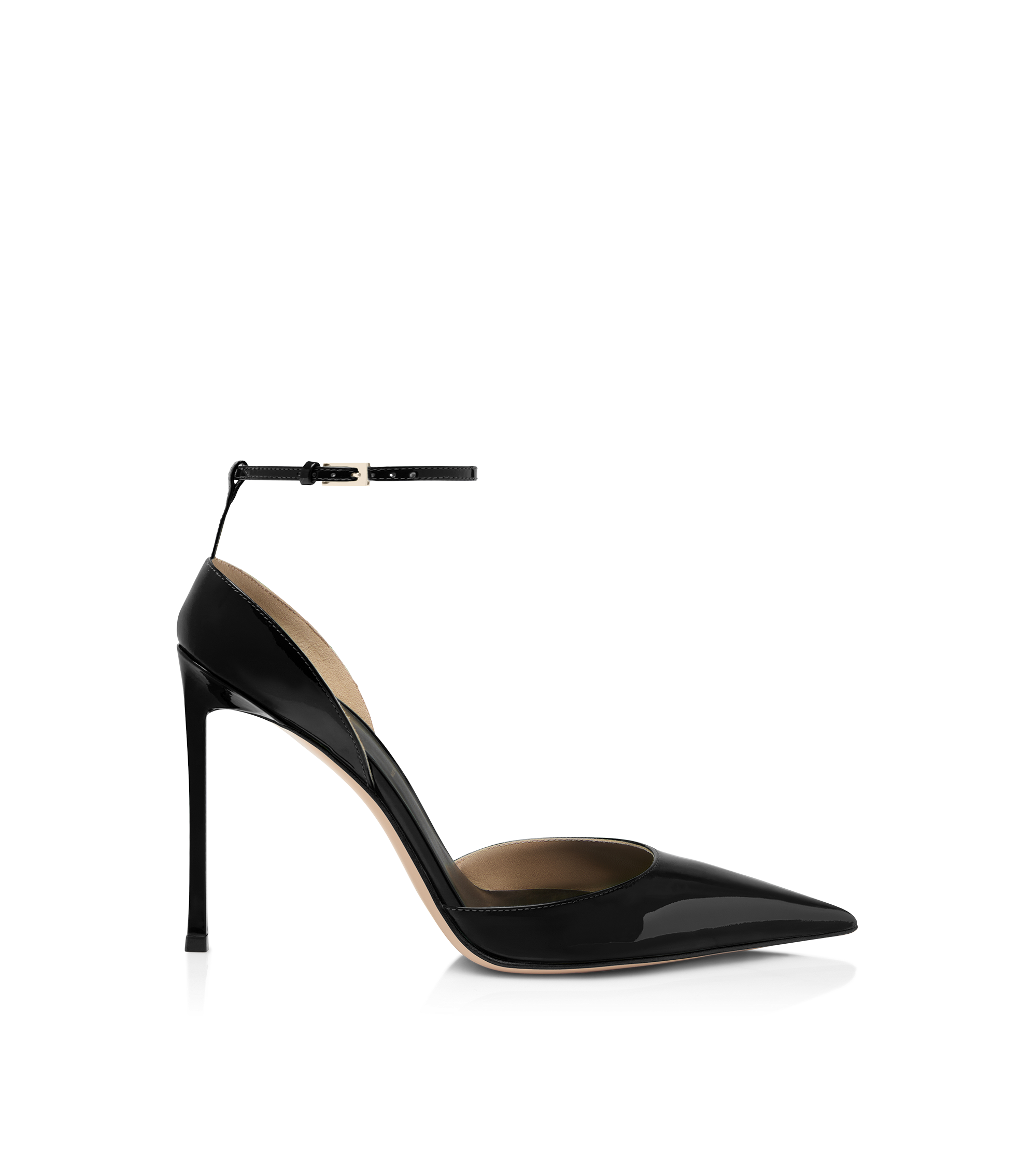 PATENT LEATHER VERTIGO ANKLE STRAP PUMP